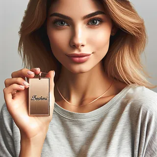 Caucasian woman holding personalized engraved necklace